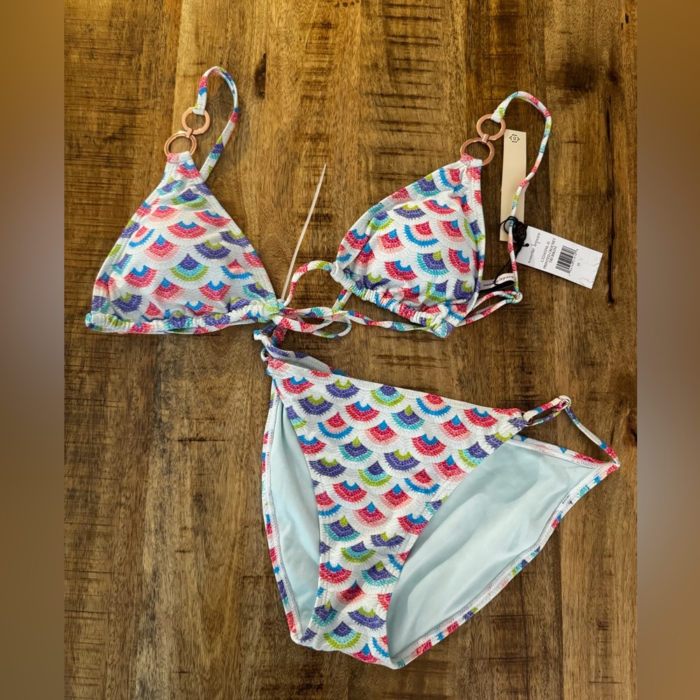 Nanette Lepore Multicolor Crochet print scalloped 2 piece triangle bra Bikini